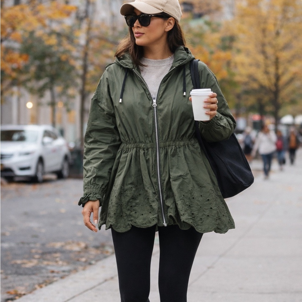 NEW Zara Olive Green Utility Jacket w/ Eyelet Embroidery | XS | Lightweight